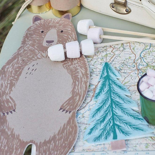 Brown Bear Large Plates, feature a standing bear and are perfect for that camping or woodland party. Pair with our Tree Napkins. By Meri Meri, available at A Little Confetti