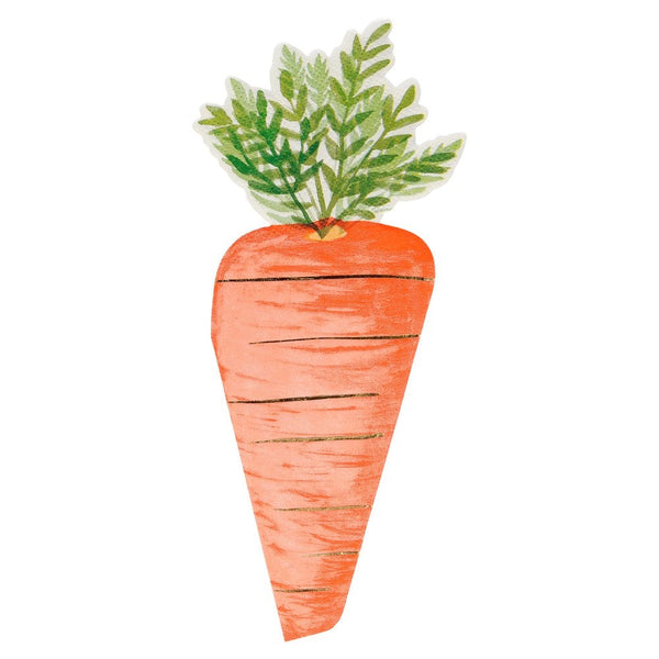 Foiled carrot napkins with leafy green tips, perfect for easter. sold at ALittleConfetti, by Meri Meri