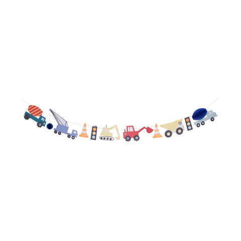 Construction garland with trucks and cones sold at ALittleConfetti, by Meri Meri.