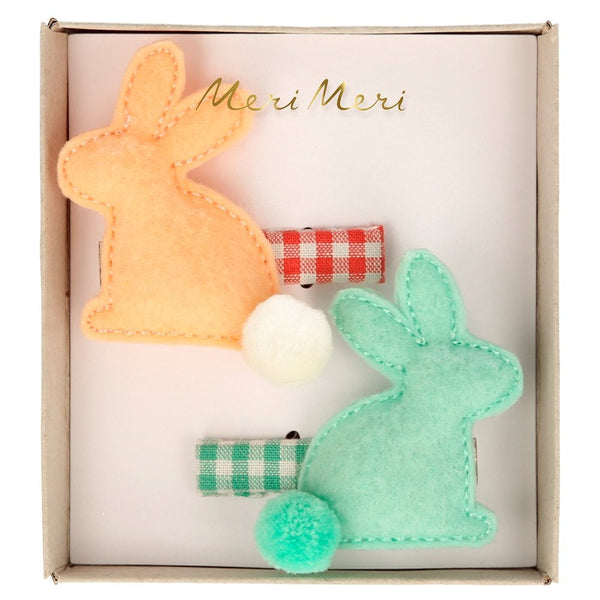 Felt bunnies hair clips in orange and green. cute for any small child and perfect for easter. sold at ALittleConfetti, by Meri Meri