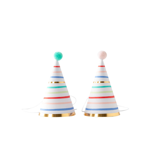 White party hats with stripes and pom pom tops sold at ALittleConfetti, by My Minds Eye.