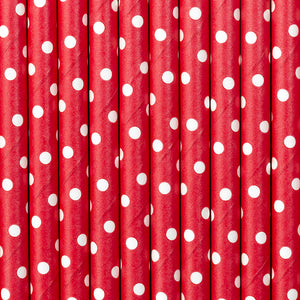 Red with small white dots paper straws available at A Little Confetti