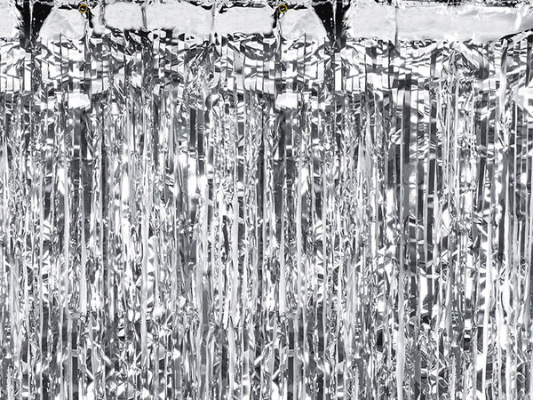 Silver Curtain Party Backdrop perfect for a photo backdrop available at A Little Confetti