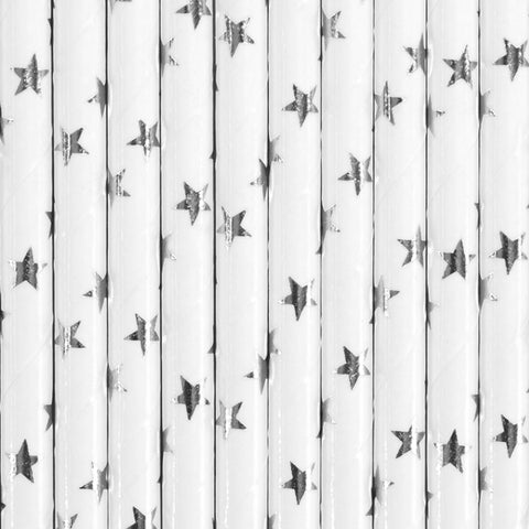 White with Metallic Silver Stars Paper straws available at A Little Confetti