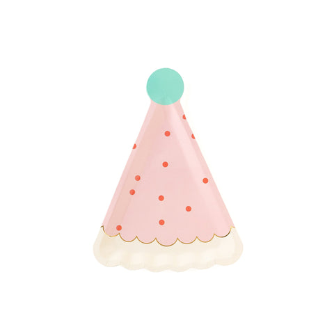 Pink birthday hat plates with red dots and a blue top, sold at ALittleConfetti, by MyMindsEye. 