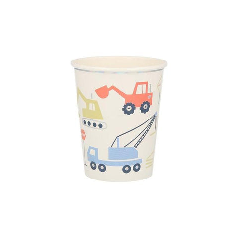 Construction cups from Meri Meri's new construction line. These cups are decorated with all the popular types of construction equipment, cement truck, dumper truck  and more. Available at A Little Confetti