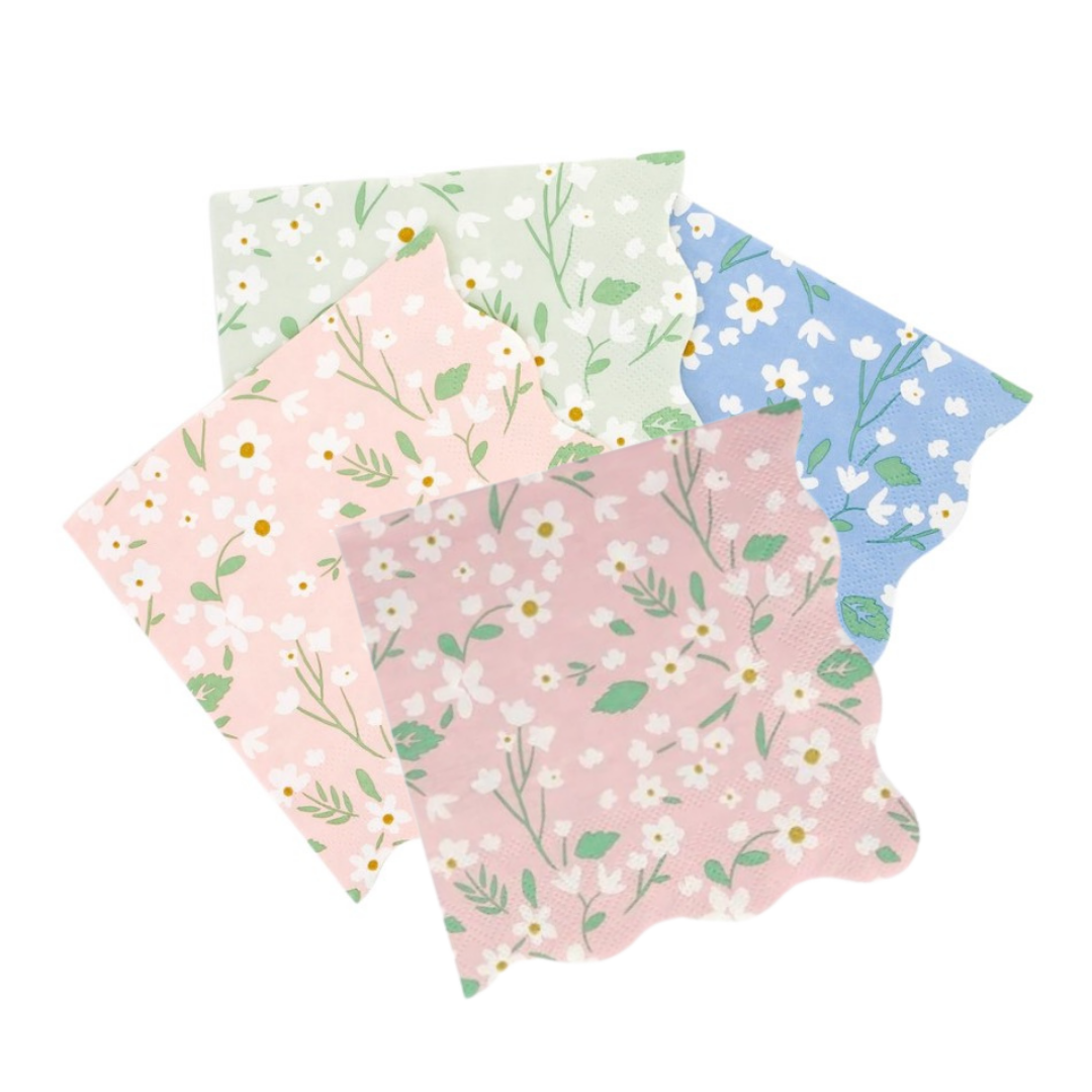 Floral napkins with pink, green, and blue backgrounds. sold at ALittleConfetti, By Meri Meri.