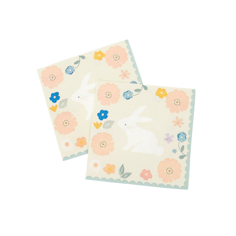 White bunny napkins with colorful flowers and scalloped blue edges. sold at A Little Confetti, by Meri Meri.