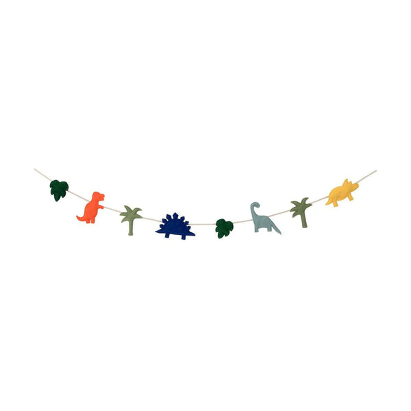 Felt dinosaur garland with dinos and nature sold at ALittleConfetti, by Meri Meri.
