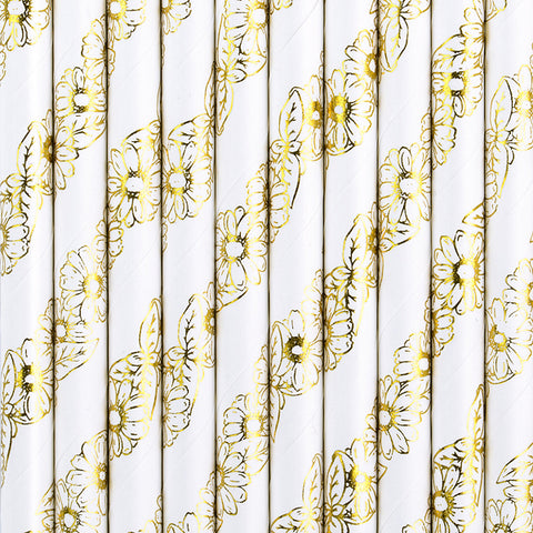 Gold daisy straws with white backgrounds, sold at ALittleConfetti. By partydeco