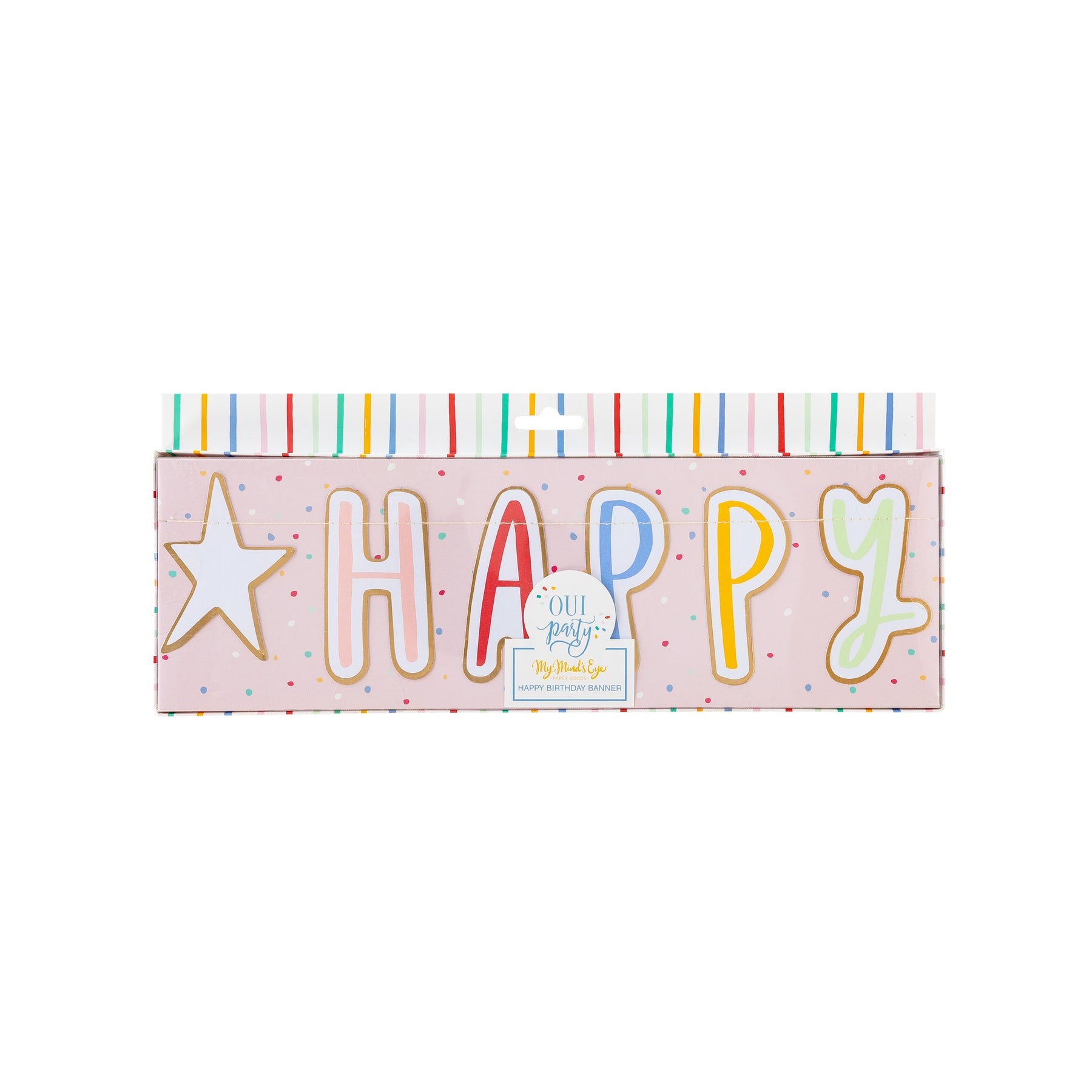 Bubble letter happy birthday banner that is colorful with stars sold at ALittleConfetti, by My Minds Eye.