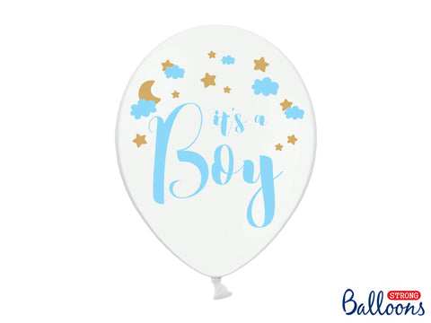 "It's a Boy" Pastel Pure White 12" Sky Blue Gold Colour Balloon available at A Little Confetti
