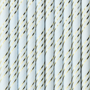 Light Blue and metallic gold slanted striped paper straws available at A Little Confetti