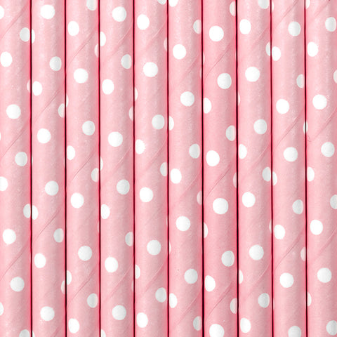 Light pink with small white dots paper straws available at A Little Confetti