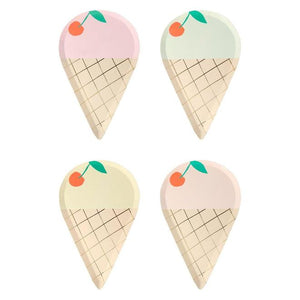 Meri Meri Ice Cream Plates with cherry on top.  Pack of 4 pastel colours, mint, pink, yellow and peach. Available at A Little Confetti. 