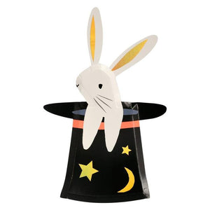 Meri Meri Bunny in hat shaped plates are perfect for your magic party. Featuring a magician hat with stars and moons. Available at A little Confetti.
