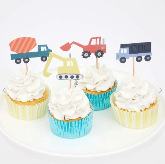 Meri Meri's new construction cupcake kit with cement truck, digger, loader and other big rigs your kids love. A part of a full collection available at A Little Confetti.