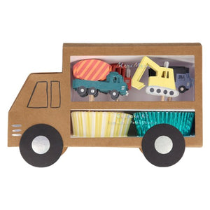 Meri Meri's new construction cupcake kit with cement truck, digger, loader and other big rigs your kids love. A part of a full collection available at A Little Confetti. 