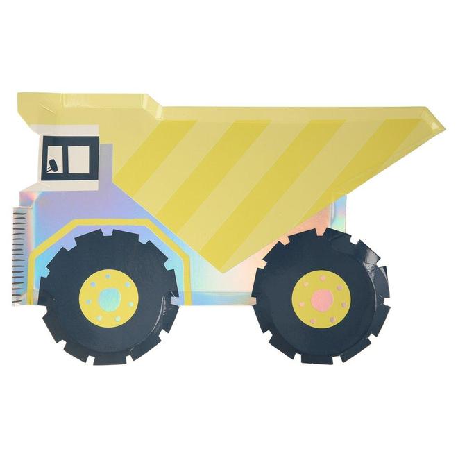 Dump truck or Dumper Truck plates, a part of Meri Meri's new construction party line. Yellow dump truck with iridescent foil. Available at A Little Confetti.