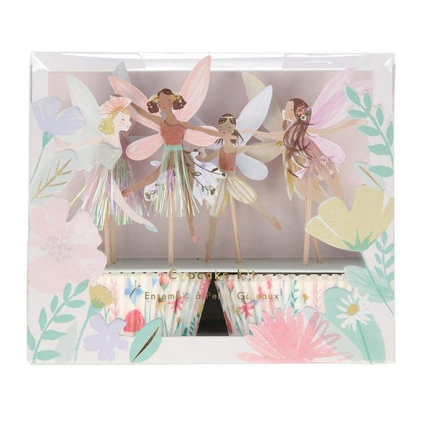 Meri Meri Fairy cupcake kit with 6 different styles of toppers and a beautiful floral baking papers. Pair with other items of the Fairy collection. Available at A Little Confetti