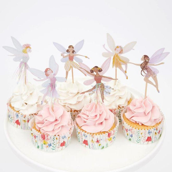 Meri Meri Fairy cupcake kit with 6 different styles of toppers and a beautiful floral baking papers. Pair with other items of the Fairy collection. Available at A Little Confetti