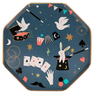 Meri Meri Magic Plates for a magic party, with bunny in a hat, magicians wand, dove, aces, cards. Available at A Little Confetti