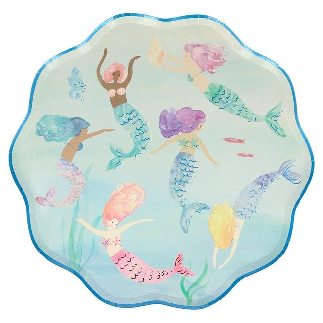 These beautiful Mermaids Swimming Plates by Meri Meri are printed with beautiful watercolour painted mermaids. Scalloped edges are trimmed with blue foil. Match with other pieces from their new Mermaid Collection available at A Little Confetti.