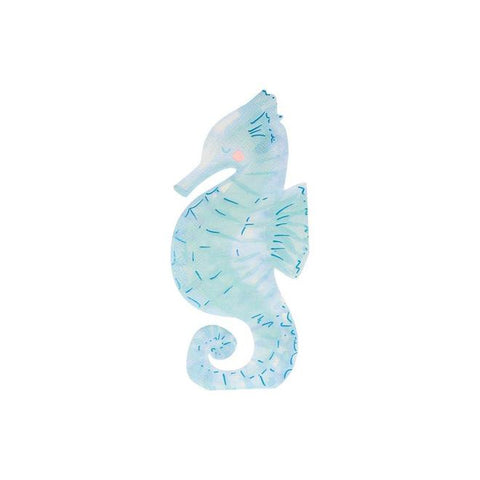 Meri Meri Seahorse Napkins are printed with ocean colors and brilliant shimmering blue foil detail. Available at A Little Confetti