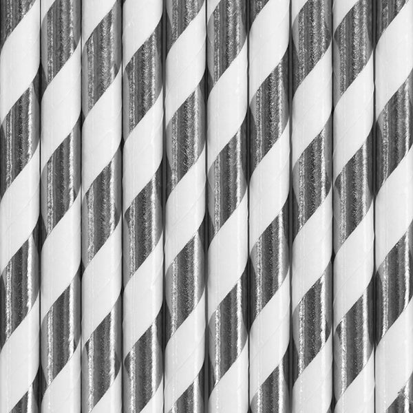 Metallic Silver and white striped paper straws available at A Little Confetti