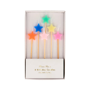 Mixed star candles in orange pink blue yellow and green, sold at ALittleConfetti. By Meri Meri.