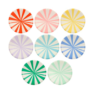 Mixed stripe dinner plates in many colours sold at ALittleConfetti, by Meri Meri
