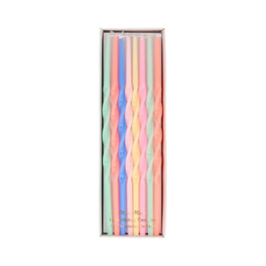 Tall twisted candles in many colors sold at ALittleConfetti, by Meri Meri
