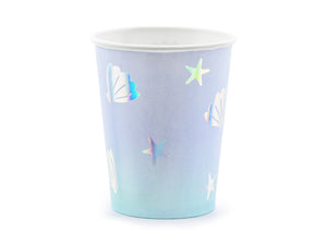 Purple blue ombre cups with iridescent foil shells and starfish perfect for an under the sea themed party. Available at A Little Confetti.