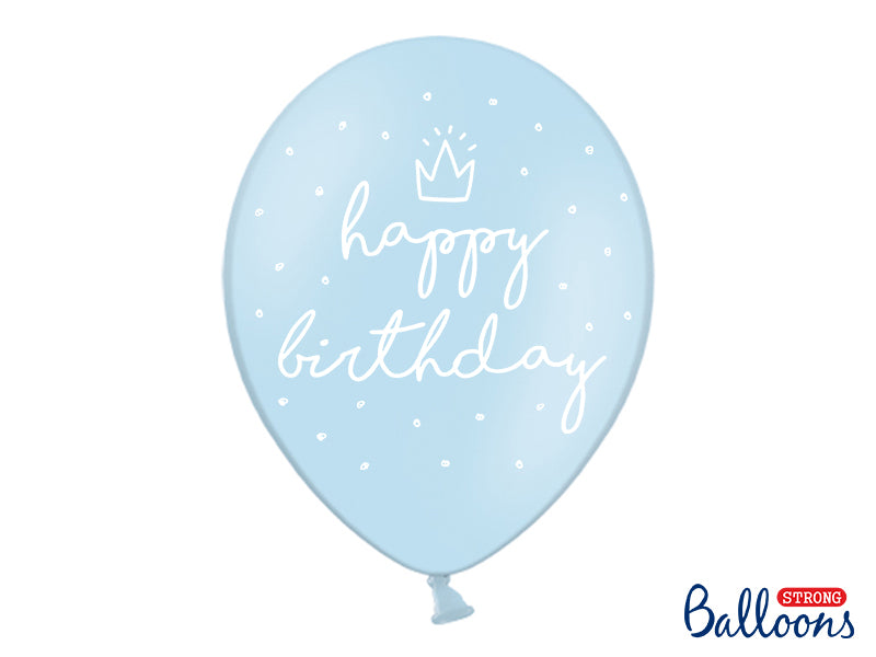 Pastel Baby Blue Happy Birthday with white five-sided print balloons available at A Little Confetti