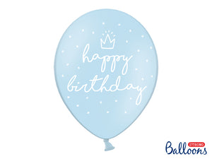 Pastel Baby Blue Happy Birthday with white five-sided print balloons available at A Little Confetti