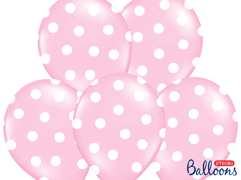 Pastel Baby Pink with white five-sided dots balloons available at A Little Confetti