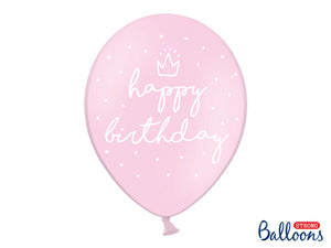 Pastel Baby Pink Happy Birthday with white five-sided print balloons available at A Little Confetti