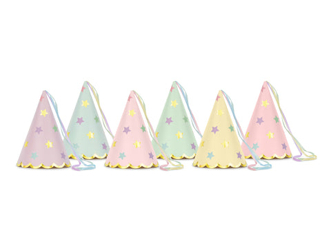 Pastel party hats in yellow, blue, green, purple and pink with colorful metallic stars. sold at ALittleConfetti, By PartyDeco