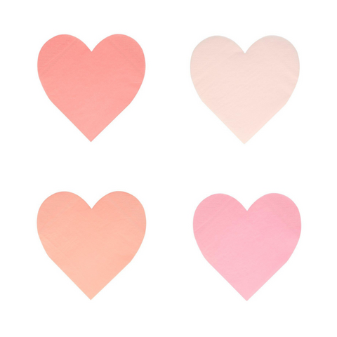 Pink tone heart napkins, perfect for Valentine's Day.  Mix pack with 4 shades of pink / peach. By Meri Meri. Available at A Little Confetti. 