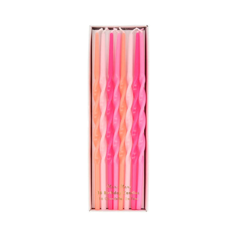 Multiple coloured pink twisted candles sold at ALittleConfetti, By Meri Meri.