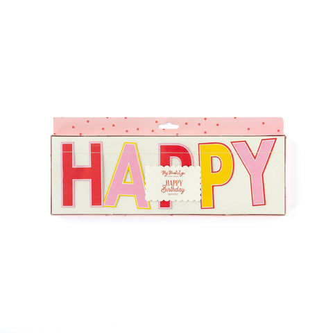 Pink happy birthday banner with yellow and red letters, sold at ALittleConfetti. By MyMindsEye