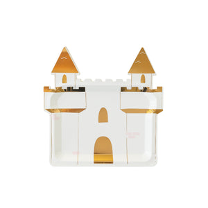 White and gold castle shaped plates sold at ALittleConfetti, by My Minds Eye