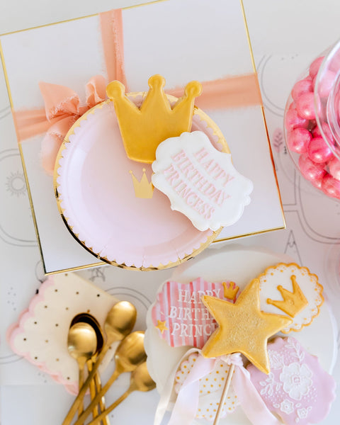 Princess pink plates with gold crown details sold at ALittleConfetti, by My Minds Eye