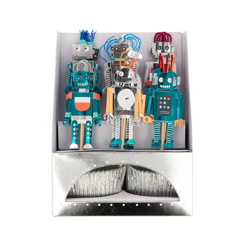 Many funky robot toppers making up this robot themed cupcake kit sold at ALittleConfetti, By Meri Meri. 