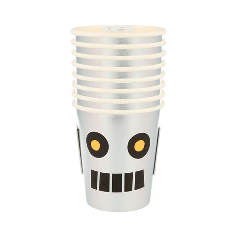 Silver robot cups sold at ALittleConfetti, By Meri Meri