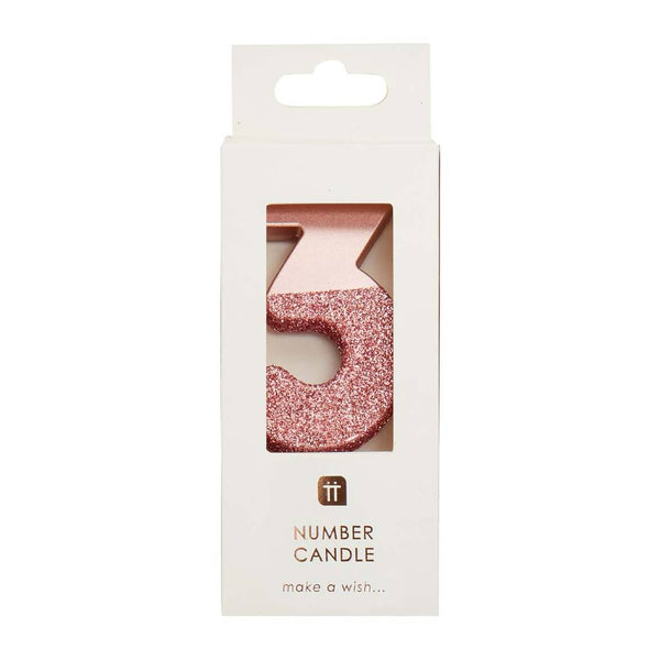 Rose Gold Glitter Dipped Number 3 Candles at A Little Confetti