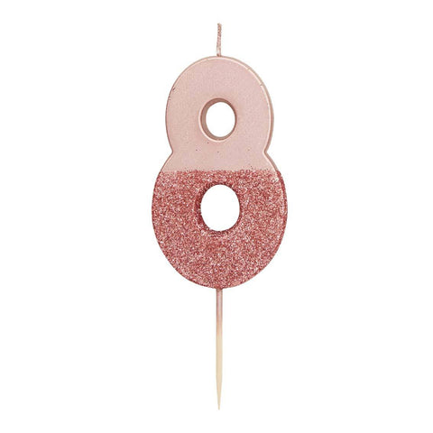 Rose Gold Glitter Dipped Number 8 Candle at A Little Confetti