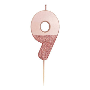 Rose Gold Glitter Dipped Number 9 Candle