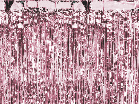 Rose Gold Fringe Curtain Party Backdrop perfect for a photo backdrop available at A Little Confetti