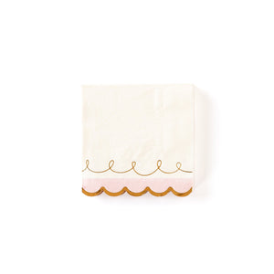 Cream scalloped napkins with pink and gold accents. Sold at ALittleConfetti, by MyMindsEyes.